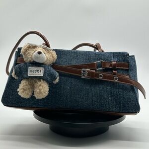 Denim Shoulder Bag with Teddy Charm - Blue & Brown